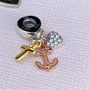 PANDORA Triple-tone Cross, Heart, & Anchor Dangle